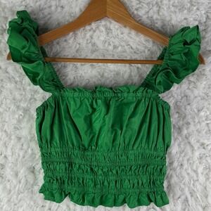 Maeve by Anthropologie Smocked Ruffle Crop Top Green Polyester Size 2